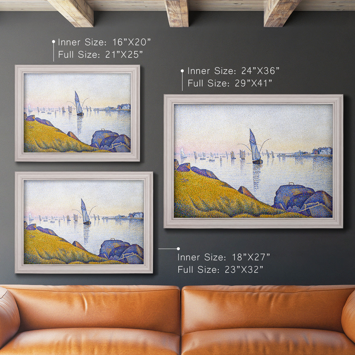 Impressionist coastal harbor at dusk by Paul Signac in an ornate weathered white frame shown in multiple size options.