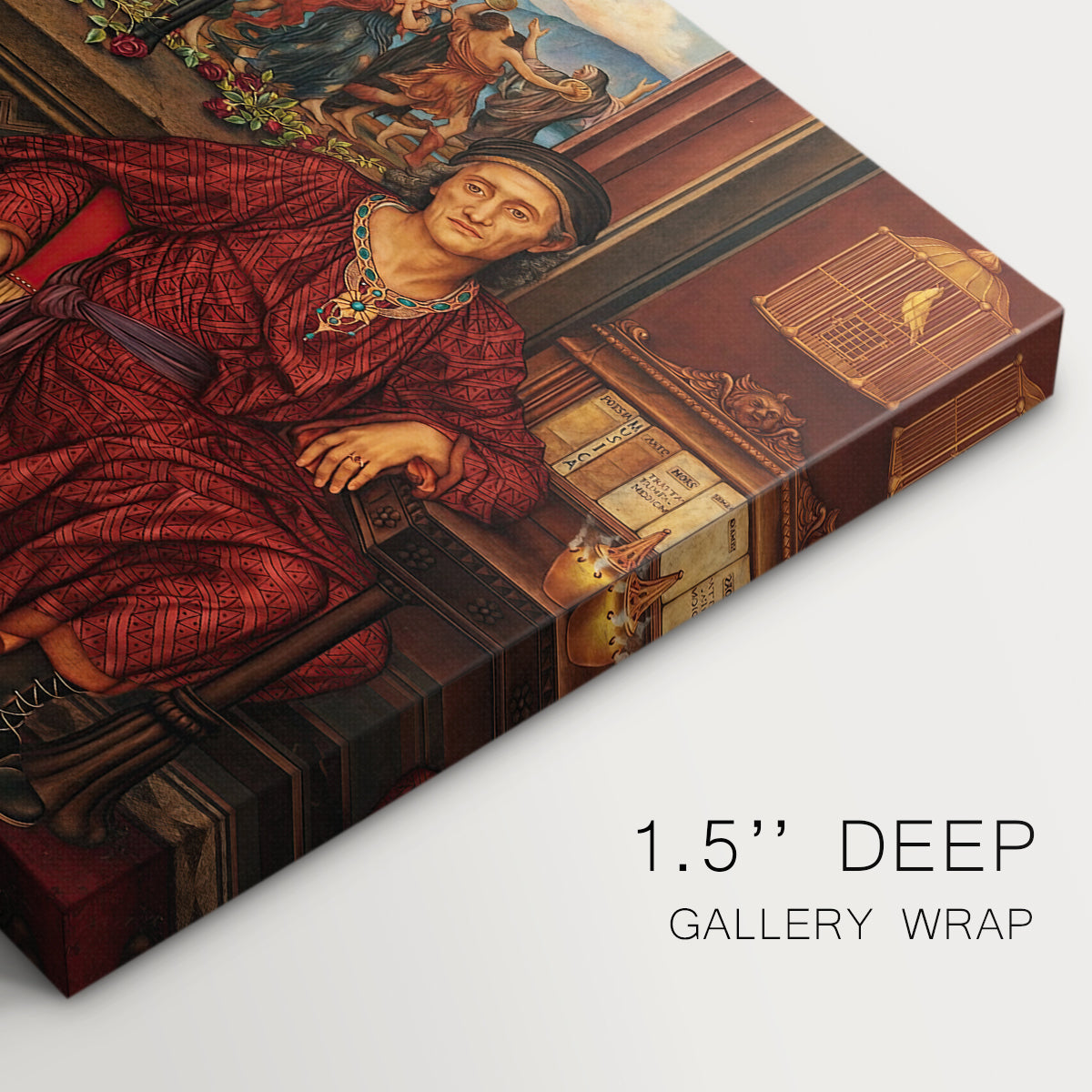Canvas art print of a woman seated inside ornate interior symbolizing confinement and luxury, highlighting texture and gallery-wrapped edges