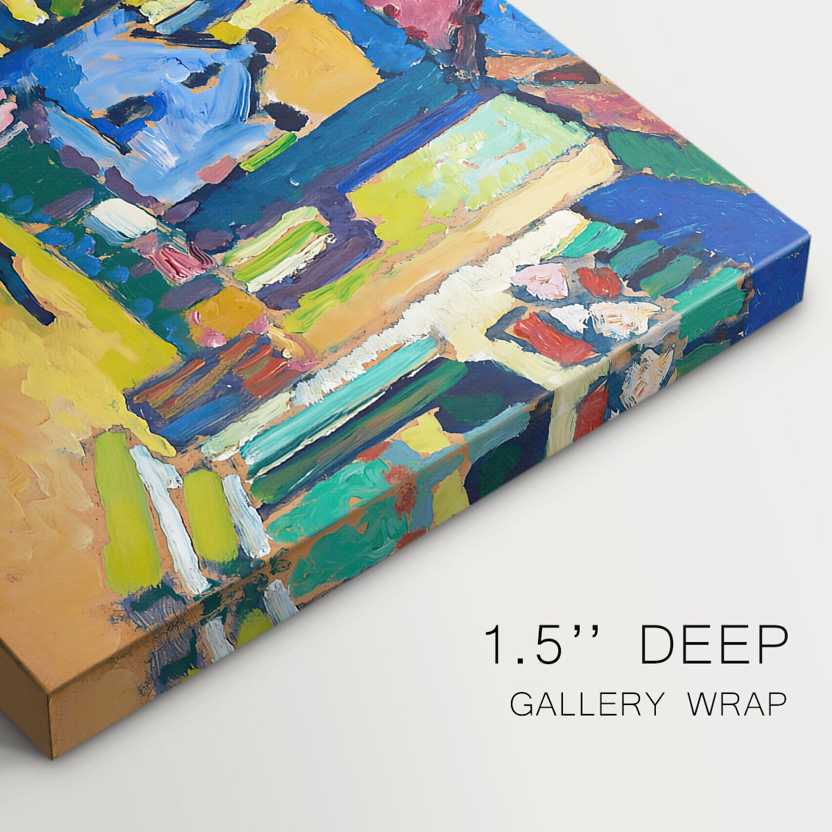 Canvas art print of a village street with colorful houses and trees lining a narrow road, highlighting texture and gallery-wrapped edges