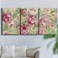Three-panel canvas wall art featuring blooming climbing rose, displayed in a living room above a sofa.