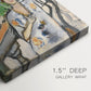 Close-up of a gallery-wrapped canvas corner showing a vibrant outdoor portrait with simplified forms, highlighting texture and print detail.