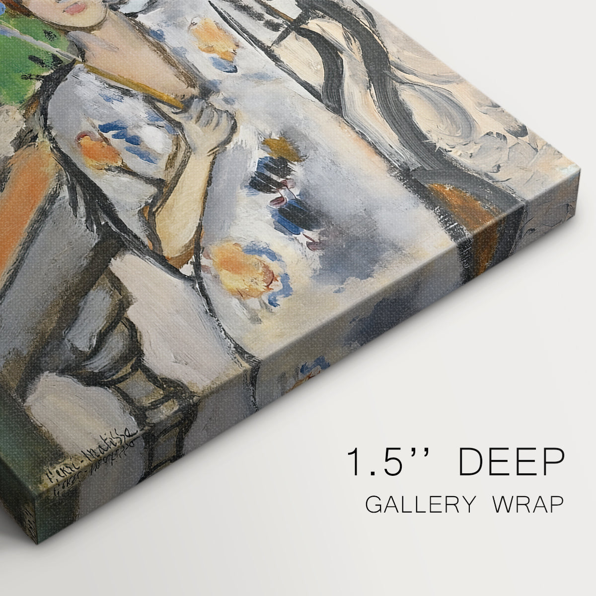 Close-up of a gallery-wrapped canvas corner showing a vibrant outdoor portrait with simplified forms, highlighting texture and print detail.