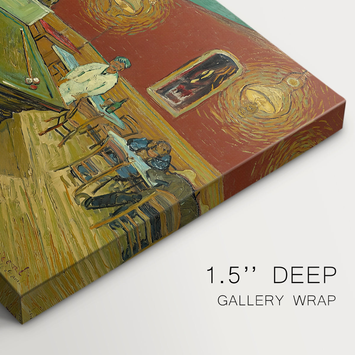 Canvas art print of a café interior with billiard table, lamps, and scattered figures under red walls, highlighting texture and gallery-wrapped edges