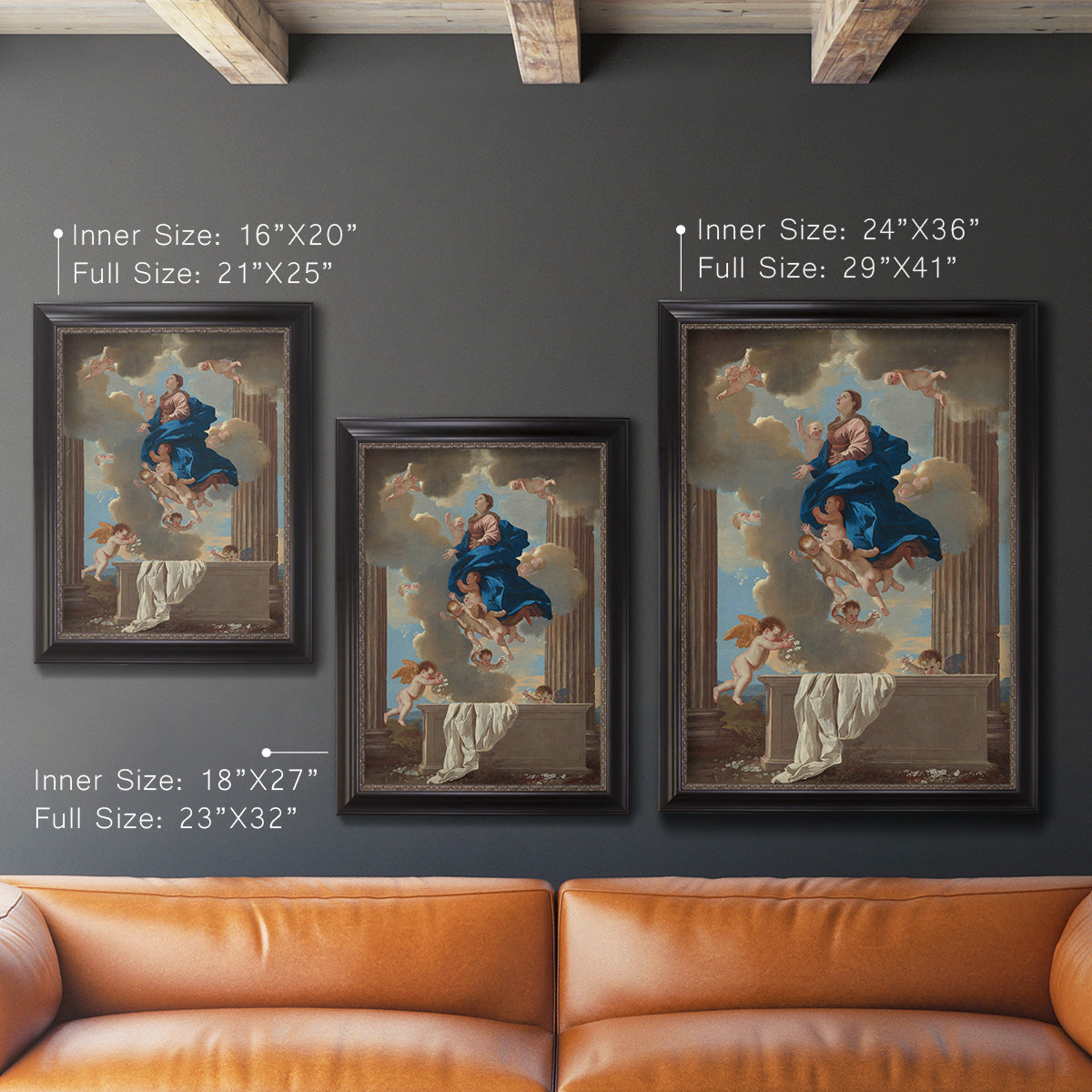 Classical religious depiction of the Assumption of the Virgin by Nicolas Poussin in an ornate black frame with gilded inner detail shown in multiple vertical size options.