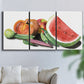Three-panel canvas wall art featuring impressionist market still life, displayed in a living room above a sofa.