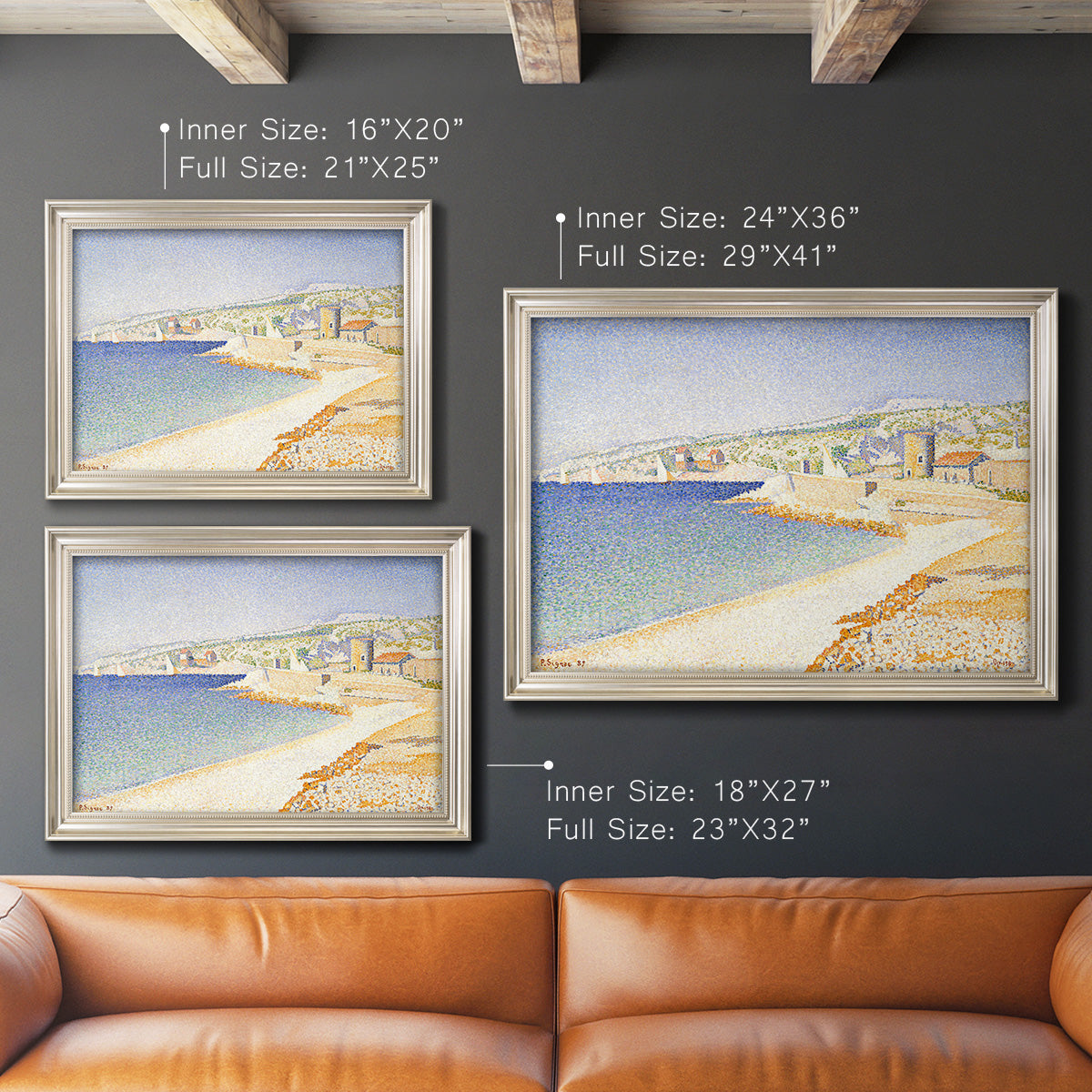 Impressionist Mediterranean jetty seascape by Paul Signac in an ornate champagne frame shown in multiple size options.