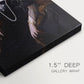 Close-up of a gallery-wrapped canvas corner showing a composed figure with gentle contrast, highlighting texture and print detail.