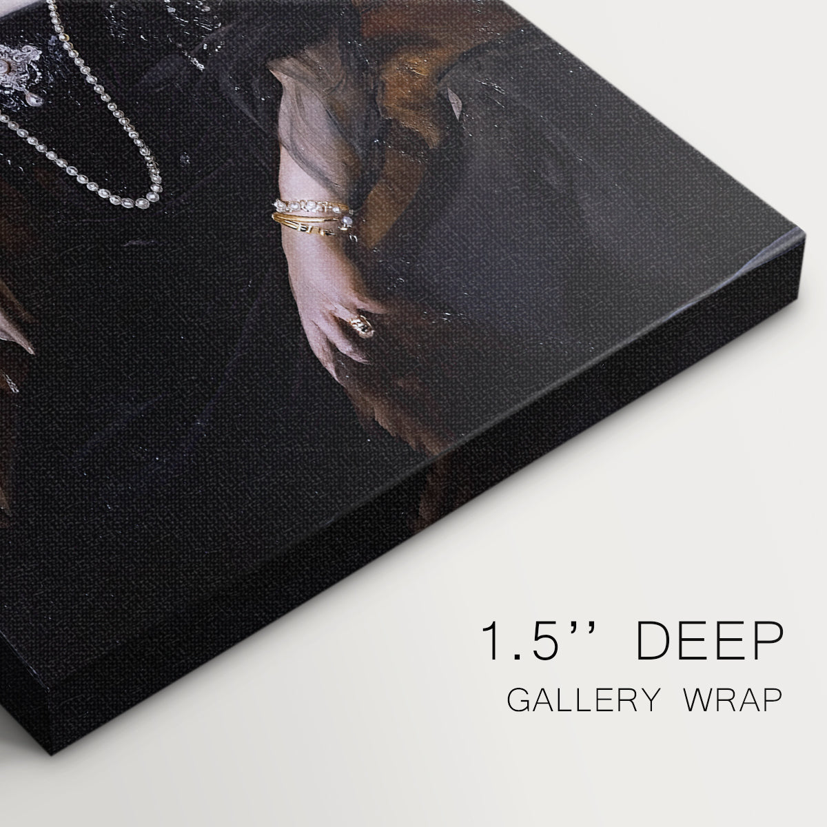 Close-up of a gallery-wrapped canvas corner showing a composed figure with gentle contrast, highlighting texture and print detail.