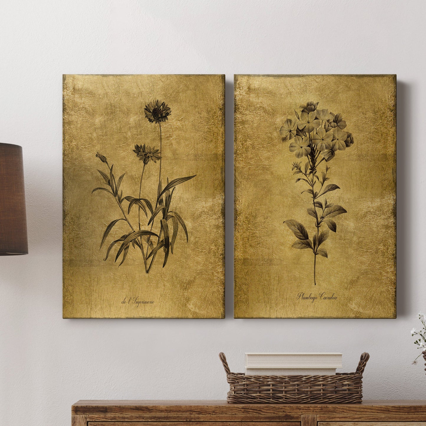 Gold Sketch Botanical I Premium Gallery Wrapped Canvas - Ready to Hang - Set of 2 - 8 x 12 Each