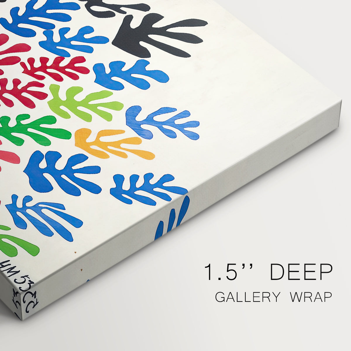Canvas art print of an abstract arrangement of colorful leaf-like cut-outs, highlighting texture and gallery-wrapped edges