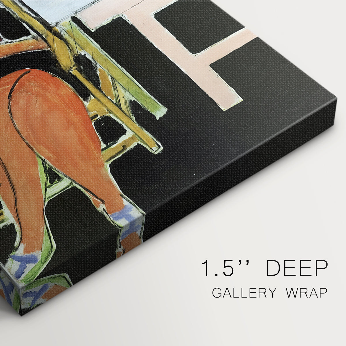 Close-up of a gallery-wrapped canvas corner showing a graphic composition with a figure and minimal detail, highlighting texture and print detail.