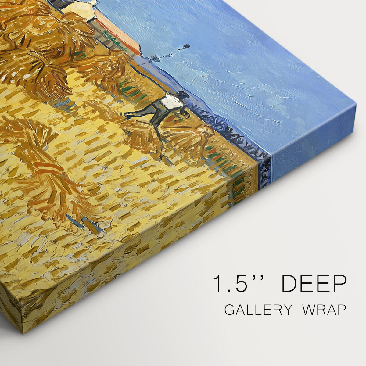 Canvas art print of stacked bundles of wheat arranged across harvested field under open sky, highlighting texture and gallery-wrapped edges