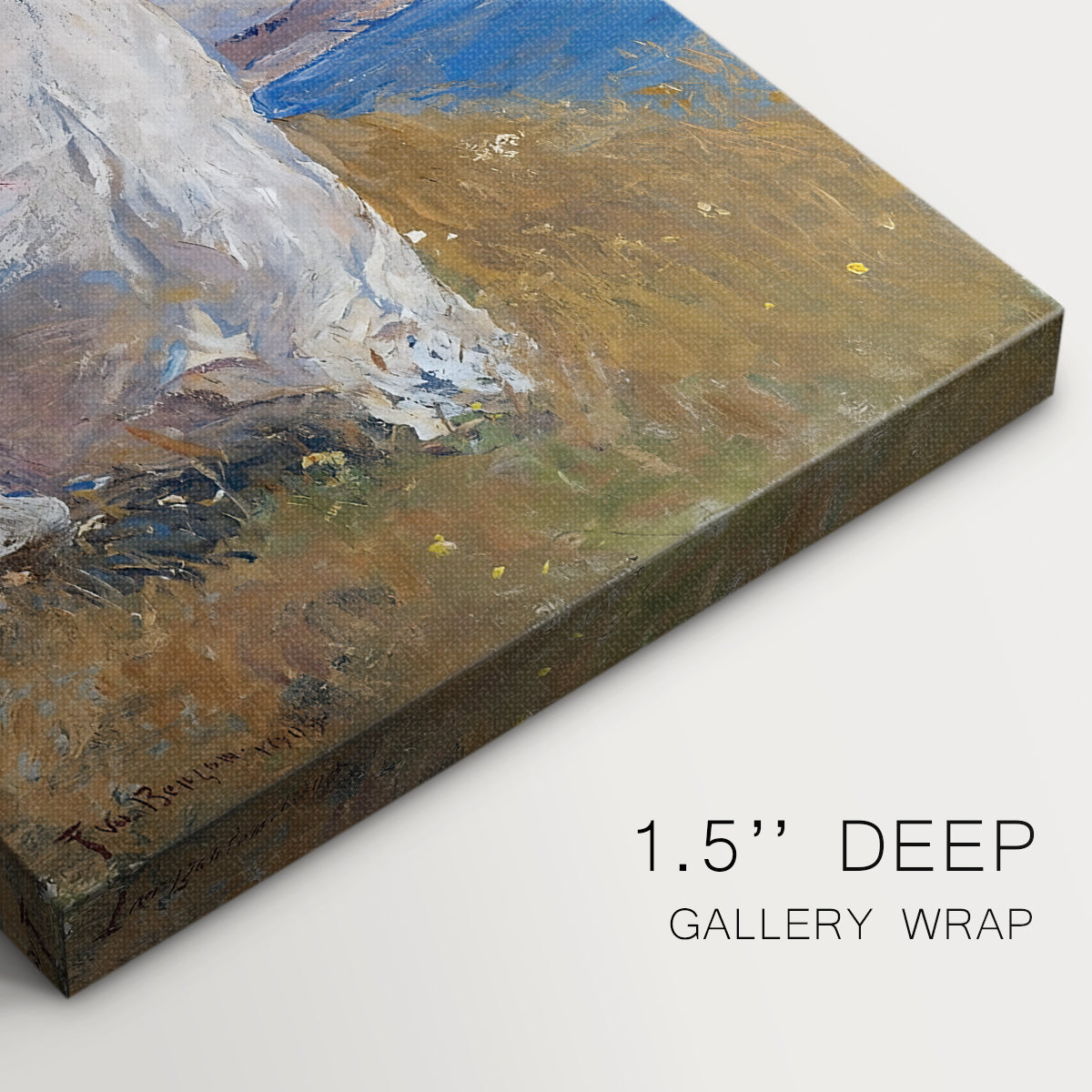 Close-up of a gallery-wrapped canvas corner showing a soft portrait with light and airy texture, highlighting texture and print detail.
