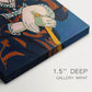 Close-up of a gallery-wrapped canvas corner showing a modern figure with expressive color and simple form, highlighting texture and print detail.