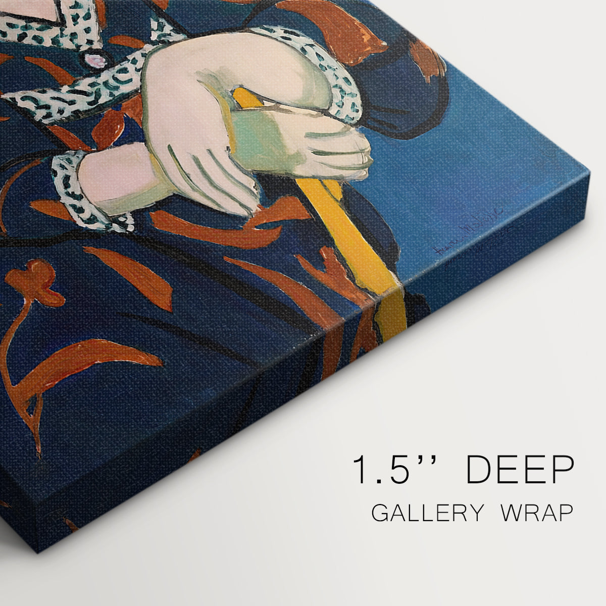 Close-up of a gallery-wrapped canvas corner showing a modern figure with expressive color and simple form, highlighting texture and print detail.