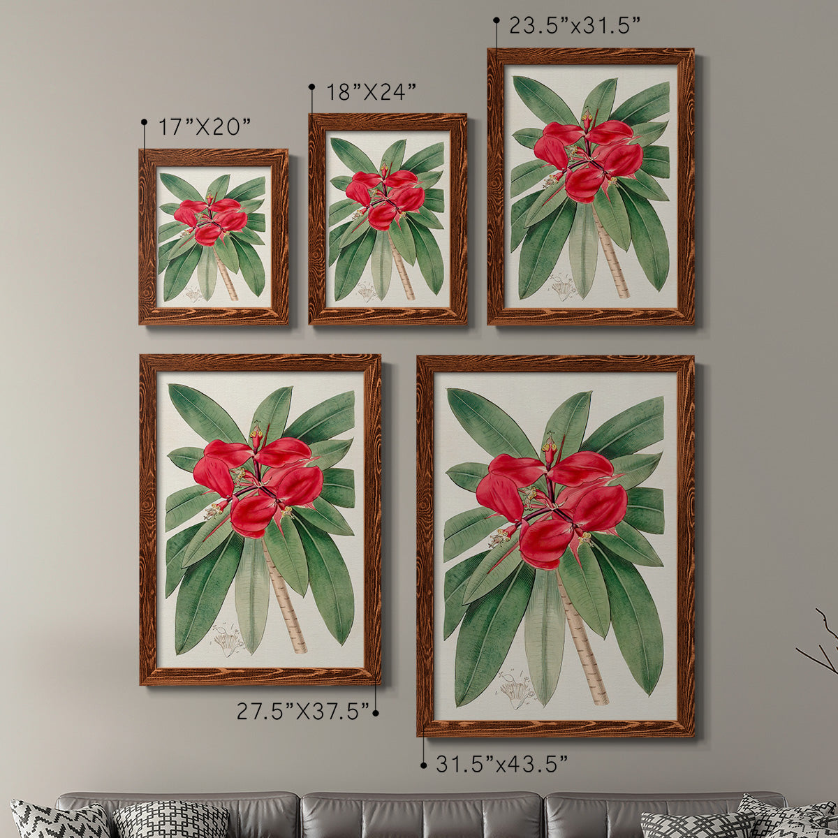 Size comparison chart for a set of two maple barnwood framed canvas prints.