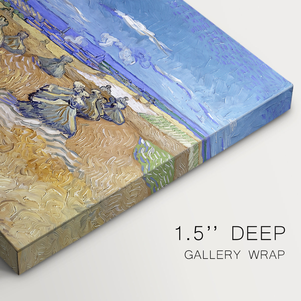 Canvas art print of a figure harvesting wheat in expansive field under bright sky, highlighting texture and gallery-wrapped edges