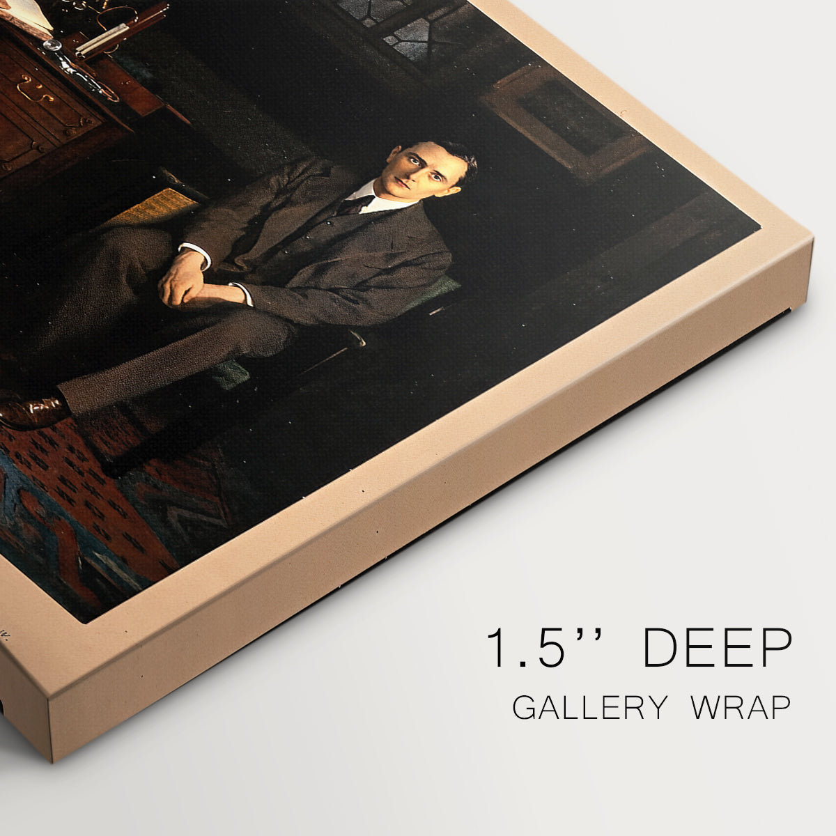 Canvas art print of a group of figures gathered indoors around central figure, highlighting texture and gallery-wrapped edges