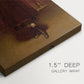 Close-up of a gallery-wrapped canvas corner showing a calm interior scene with a harp and gentle lighting, highlighting texture and print detail.