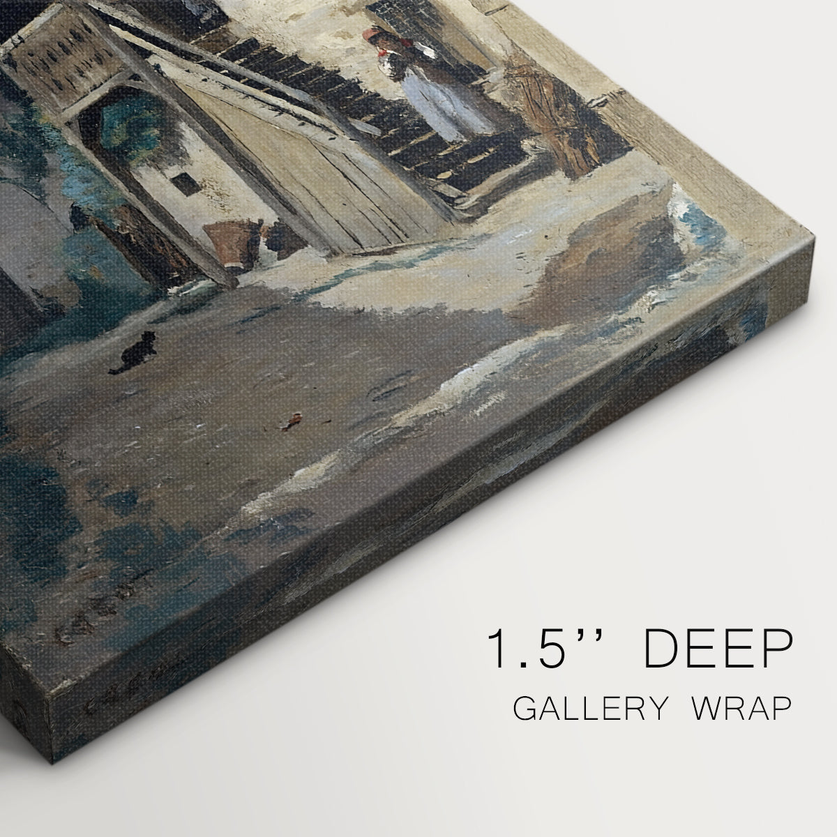Close-up of a gallery-wrapped canvas corner showing a pastoral setting with buildings and soft atmosphere, highlighting texture and print detail.