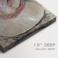 Close-up of a gallery-wrapped canvas corner showing a composed figure with classic styling, highlighting texture and print detail.