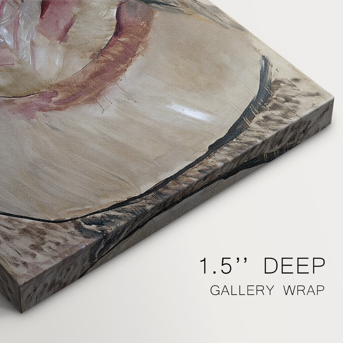 Close-up of a gallery-wrapped canvas corner showing a composed figure with classic styling, highlighting texture and print detail.