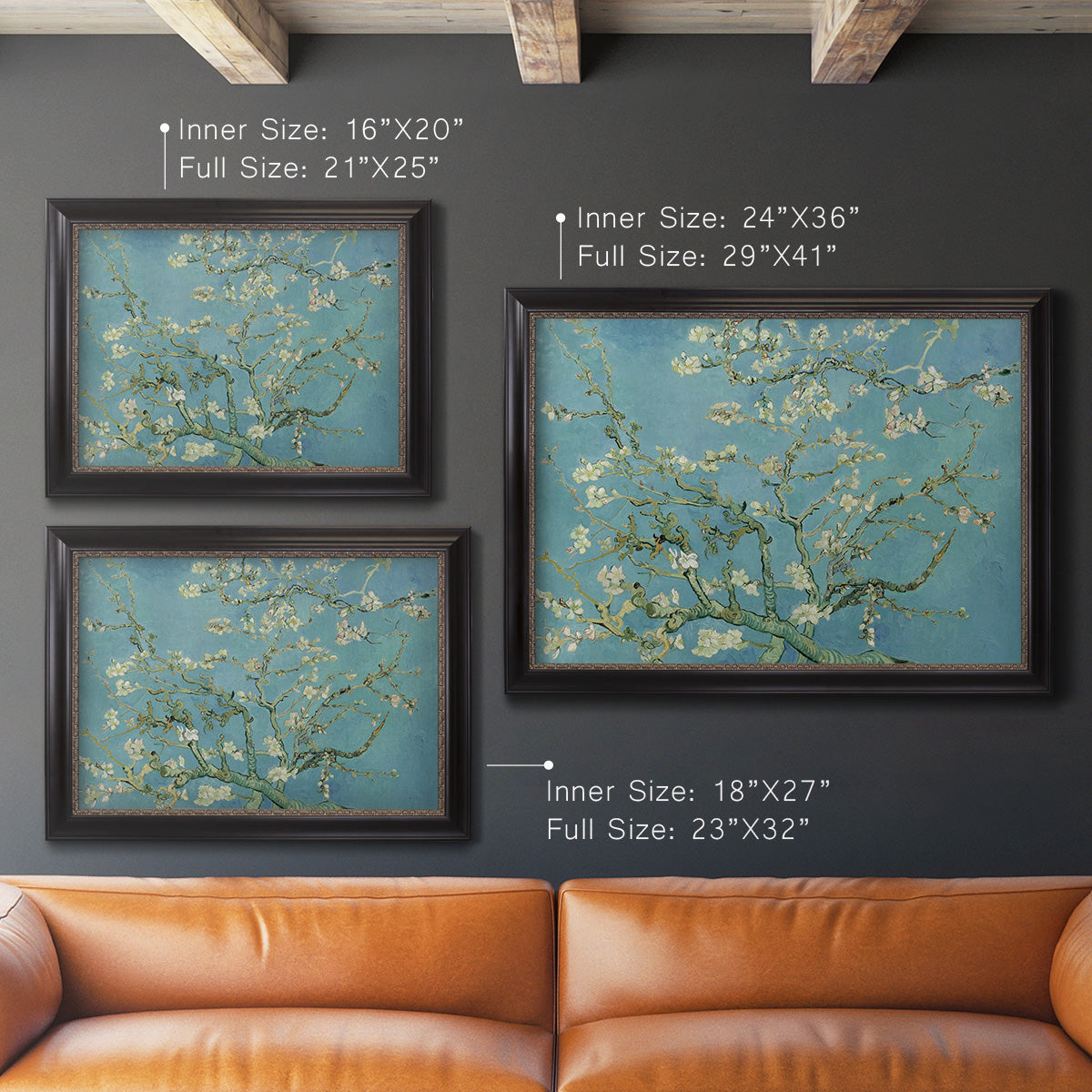 Impressionist flowering almond branch painting by Vincent van Gogh in an ornate black frame with gilded inner detail shown in multiple size options.