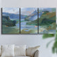 Three-panel canvas wall art featuring abstract landscape composition study, displayed in a living room above a sofa.