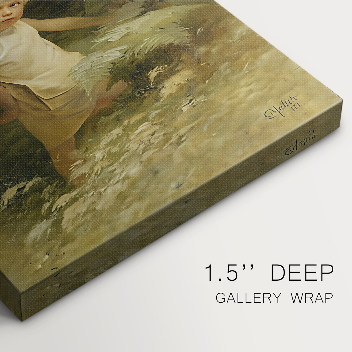 Close-up of a gallery-wrapped canvas corner showing a quiet scene with figure and open landscape, highlighting texture and print detail.