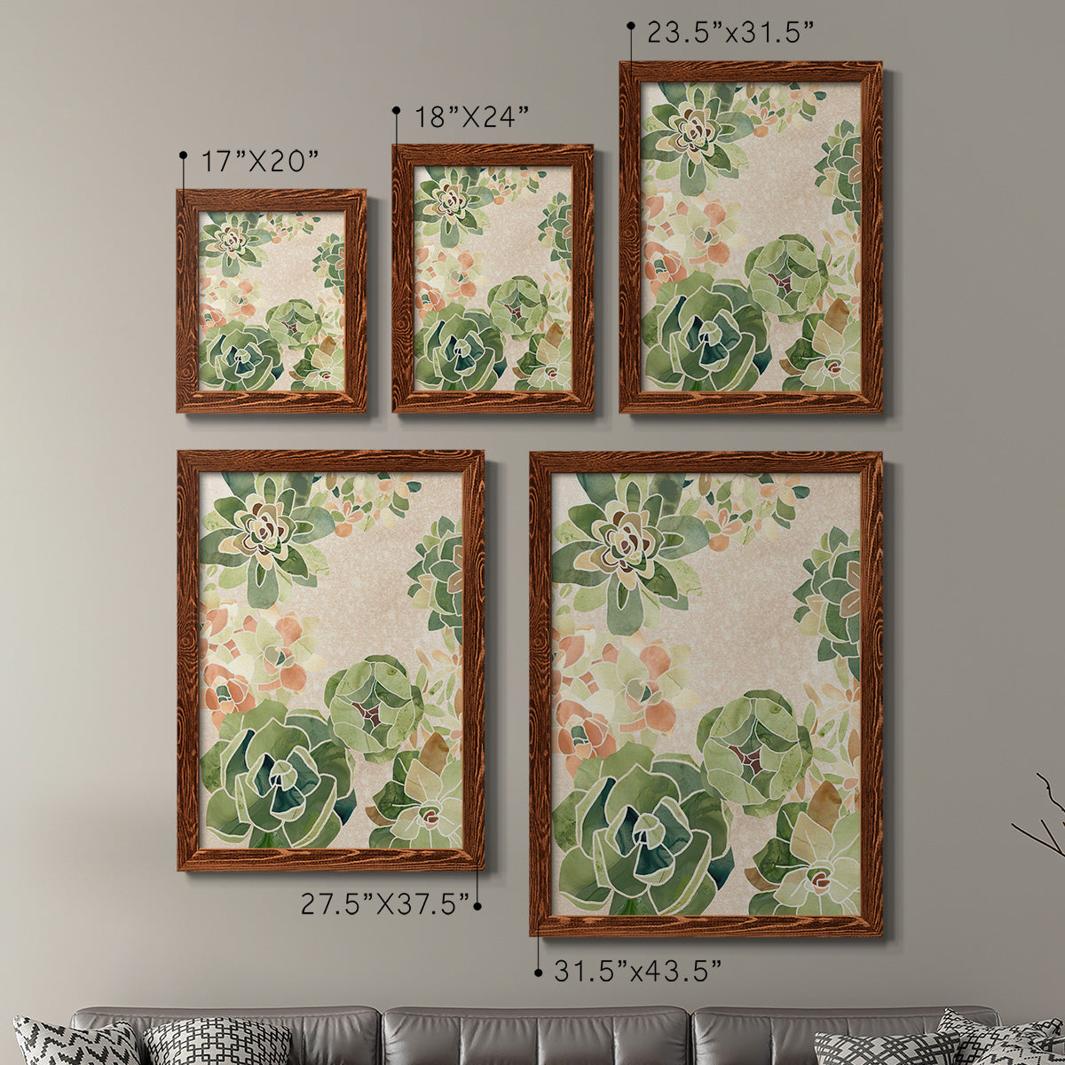 Size comparison chart for a set of two maple barnwood framed canvas prints.