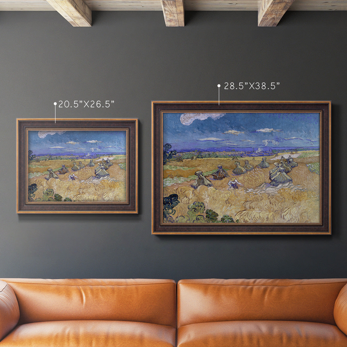 Impressionist wheat harvest scene by Vincent van Gogh in an ornate bronzed mahogany wood frame shown in multiple size options.