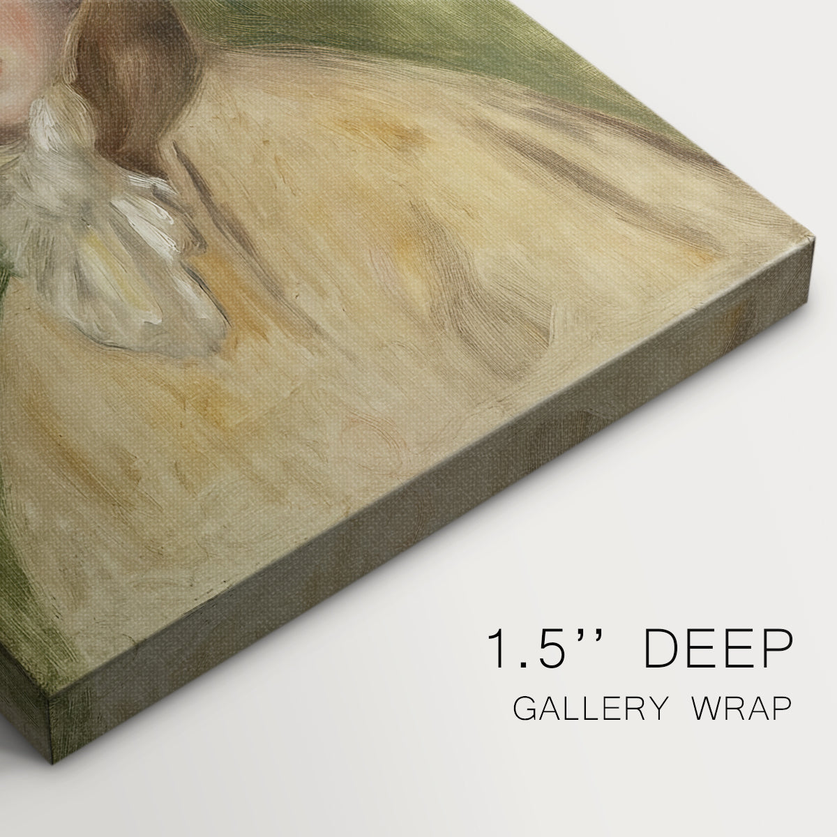 Close-up of a gallery-wrapped canvas corner showing a light-filled portrait with gentle colors and relaxed pose, highlighting texture and print detail.