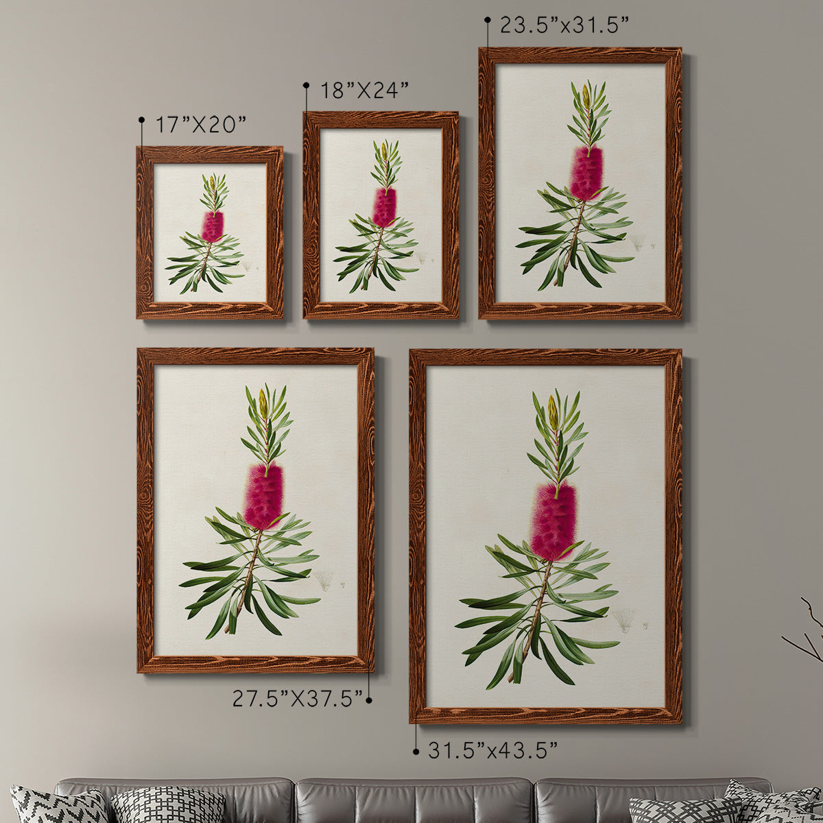 Size comparison chart for a set of two maple barnwood framed canvas prints.