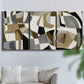 Three-panel canvas wall art featuring overlapping mid century geometric shapes, displayed in a living room above a sofa.