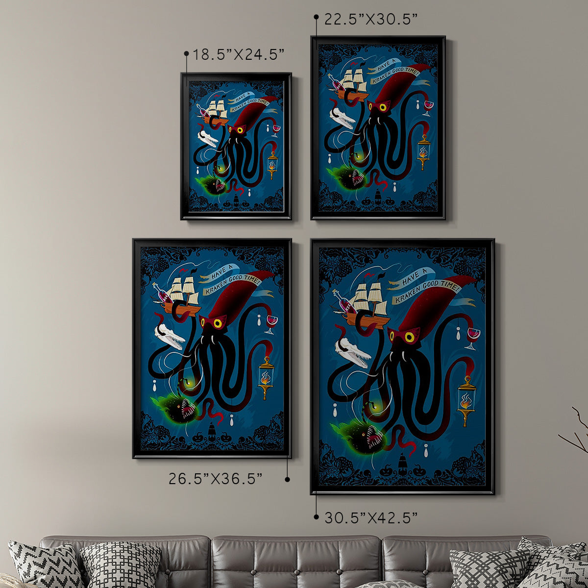 Spooky Cephalopod Chandeliers II - Modern Framed Canvas Print