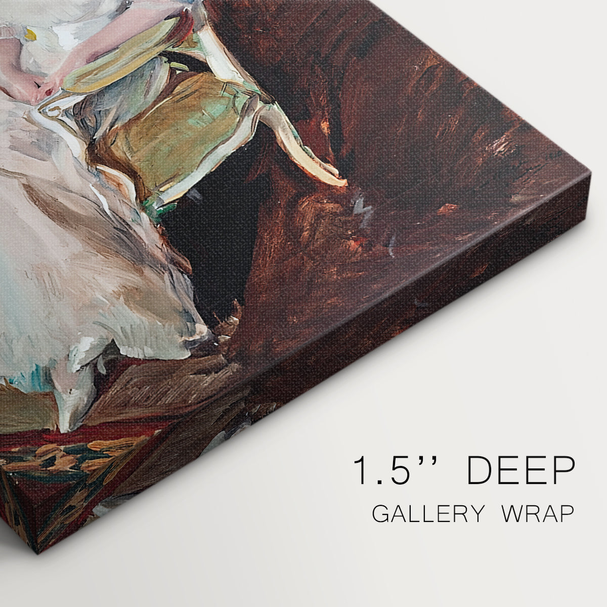Close-up of a gallery-wrapped canvas corner showing a quiet interior portrait with subtle detail, highlighting texture and print detail.