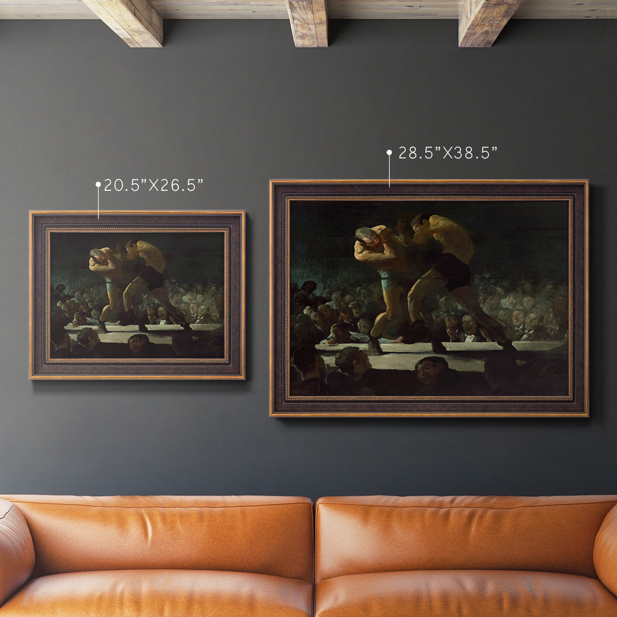 American social club scene painting by George Bellows in an ornate bronzed mahogany wood frame shown in multiple size options.