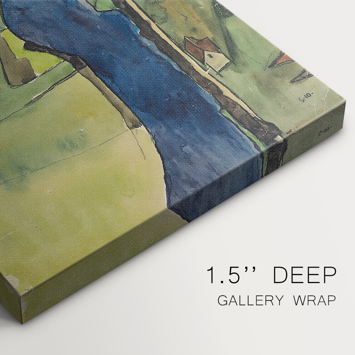 Close-up of a gallery-wrapped canvas corner showing a compact urban scene with expressive forms and contrast, highlighting texture and print detail.
