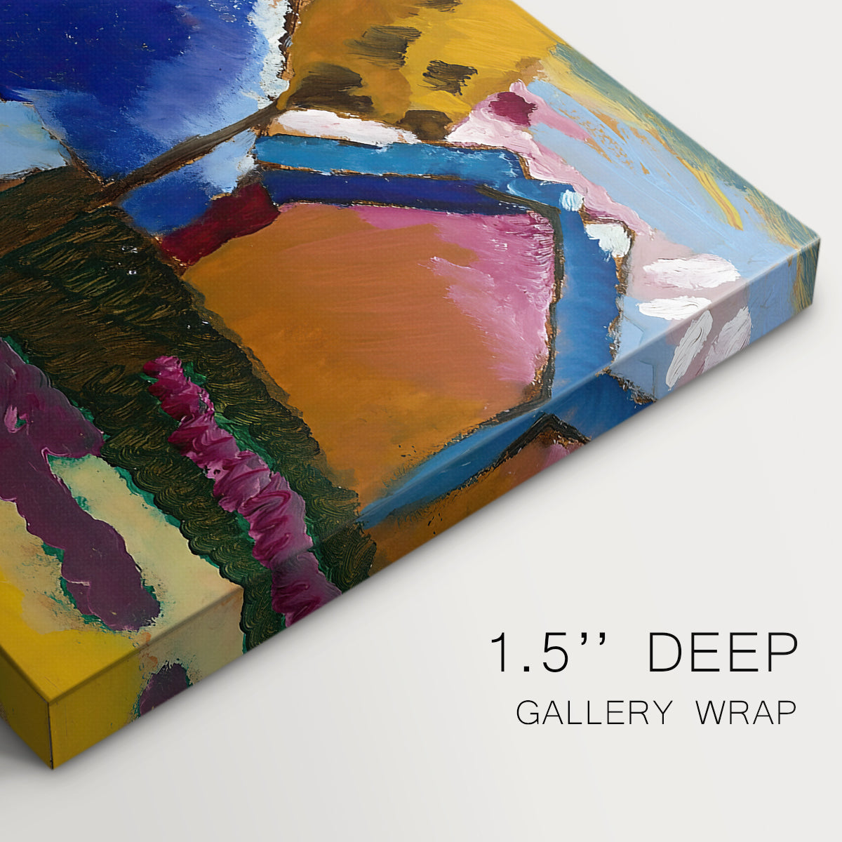 Canvas art print of a simplified street scene with buildings and landscape rendered in bold color blocks, highlighting texture and gallery-wrapped edges