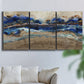Three-panel canvas wall art featuring abstract coastal jewel toned composition, displayed in a living room above a sofa.