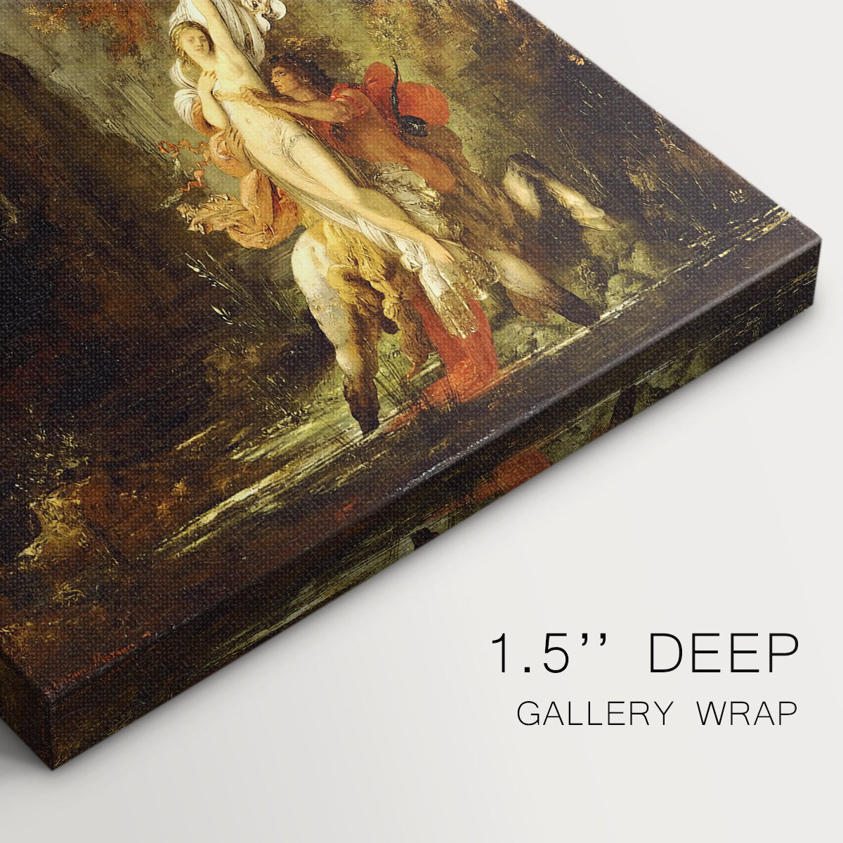Close-up of a gallery-wrapped canvas corner showing a dramatic figure set within a moody environment, highlighting texture and print detail.