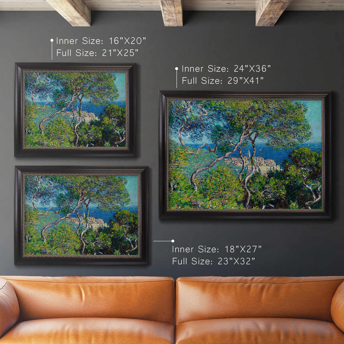 Impressionist Mediterranean coastal landscape by Claude Monet in an ornate black frame with gilded inner detail shown in multiple size options.