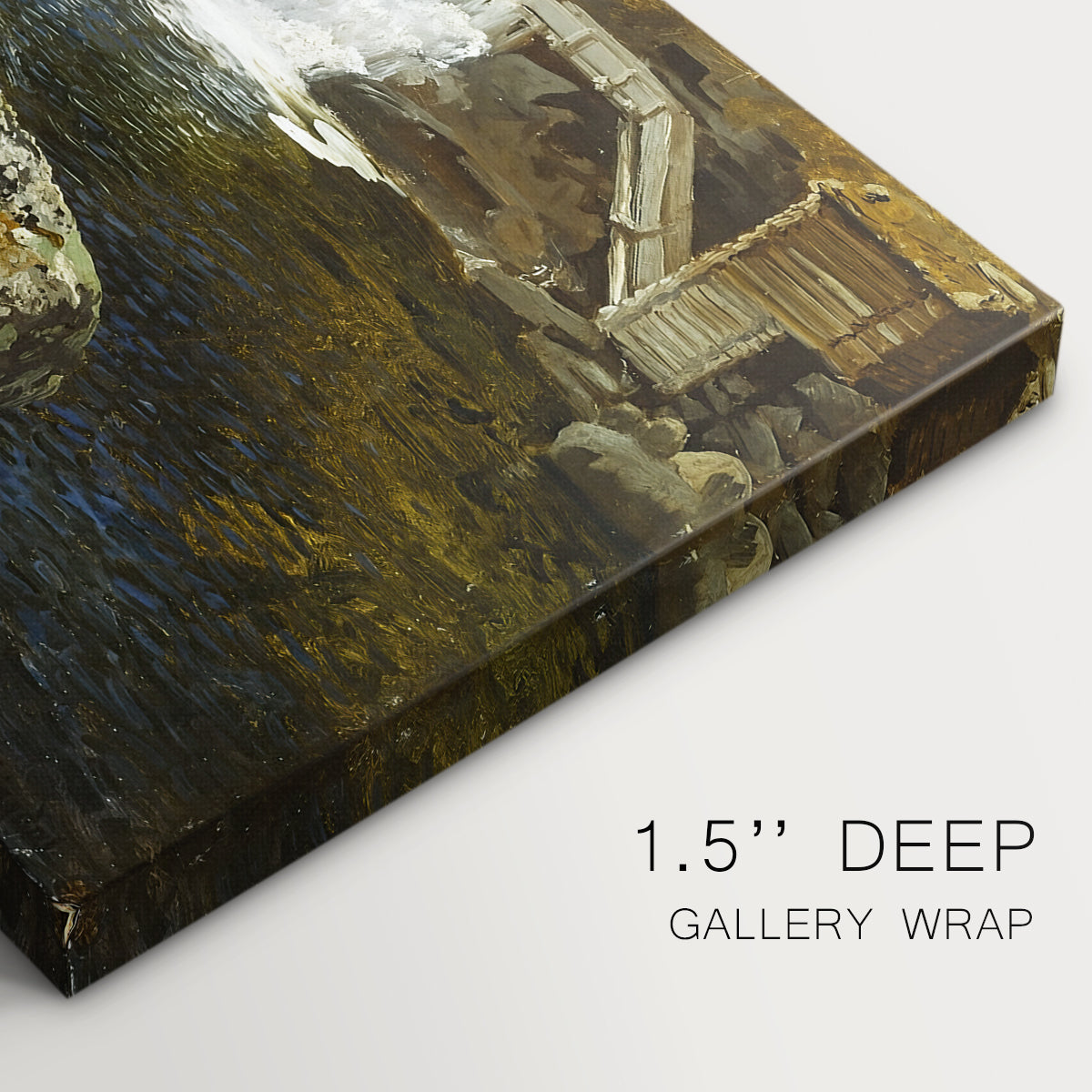 Canvas art print of a small pond beside mill surrounded by trees and greenery, highlighting texture and gallery-wrapped edges