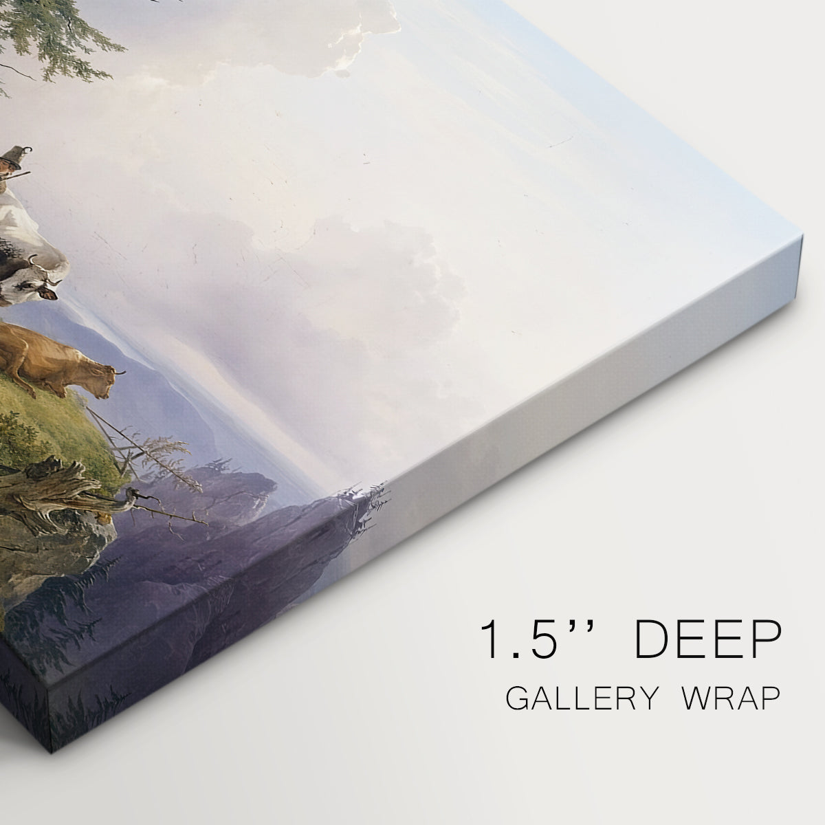 Canvas art print of a farmhouse with livestock set within mountainous alpine landscape, highlighting texture and gallery-wrapped edges