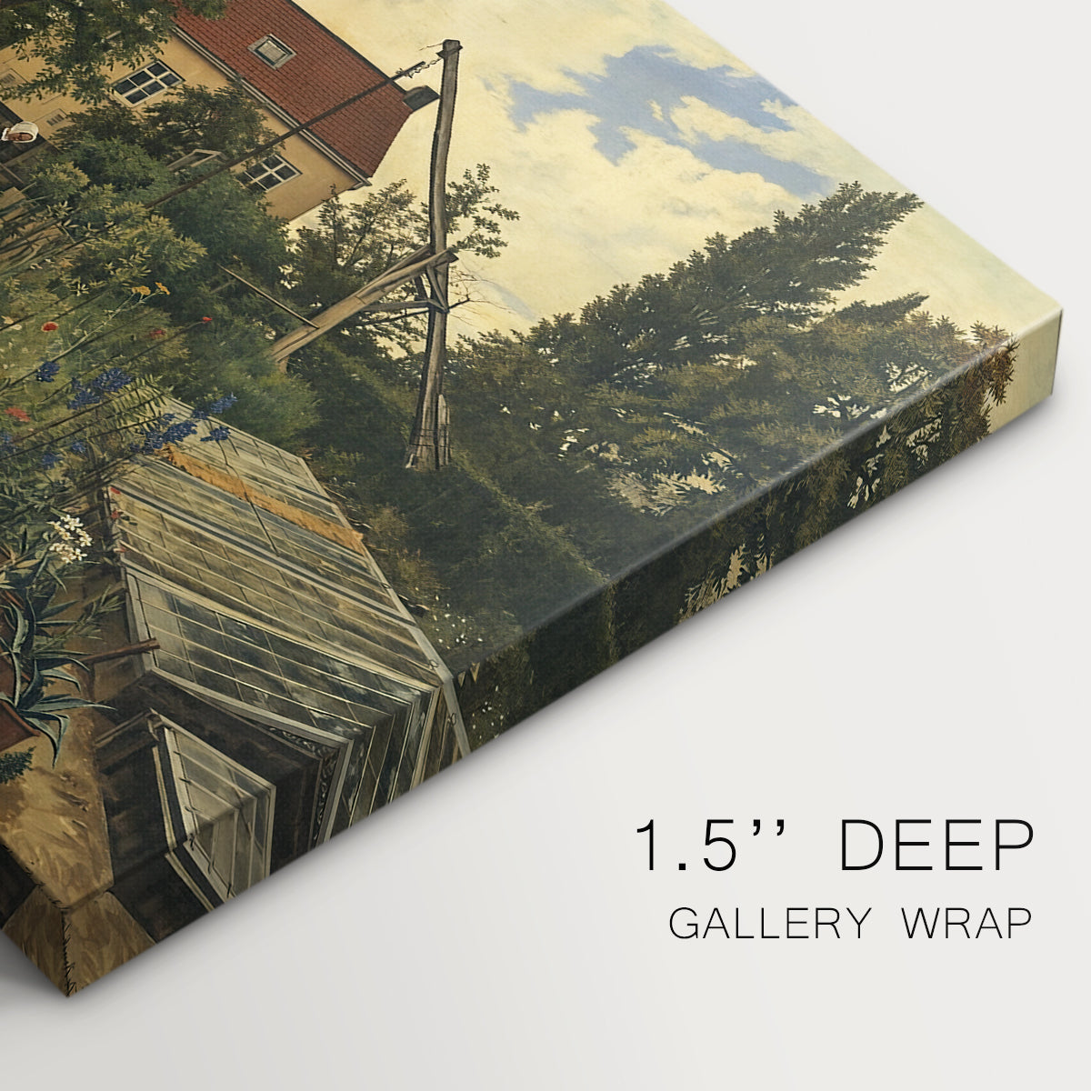 Canvas art print of a flower garden with plants and building in structured outdoor setting, highlighting texture and gallery-wrapped edges