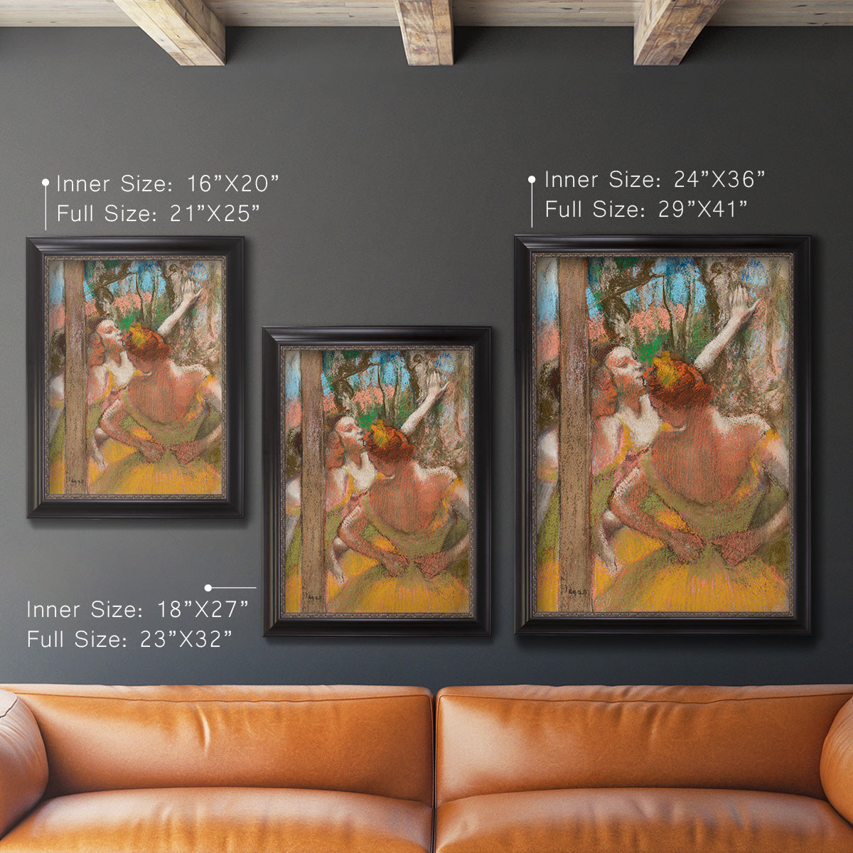 Impressionist ballet dancer composition by Edgar Degas in an ornate black frame with gilded inner detail shown in multiple vertical size options.