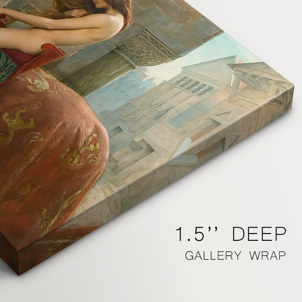 Canvas art print of a female figure riding horse through town, highlighting texture and gallery-wrapped edges