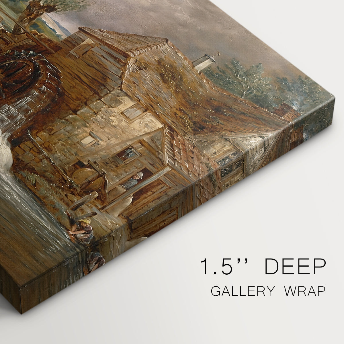 Canvas art print of a mill beside water in rural setting, highlighting texture and gallery-wrapped edges