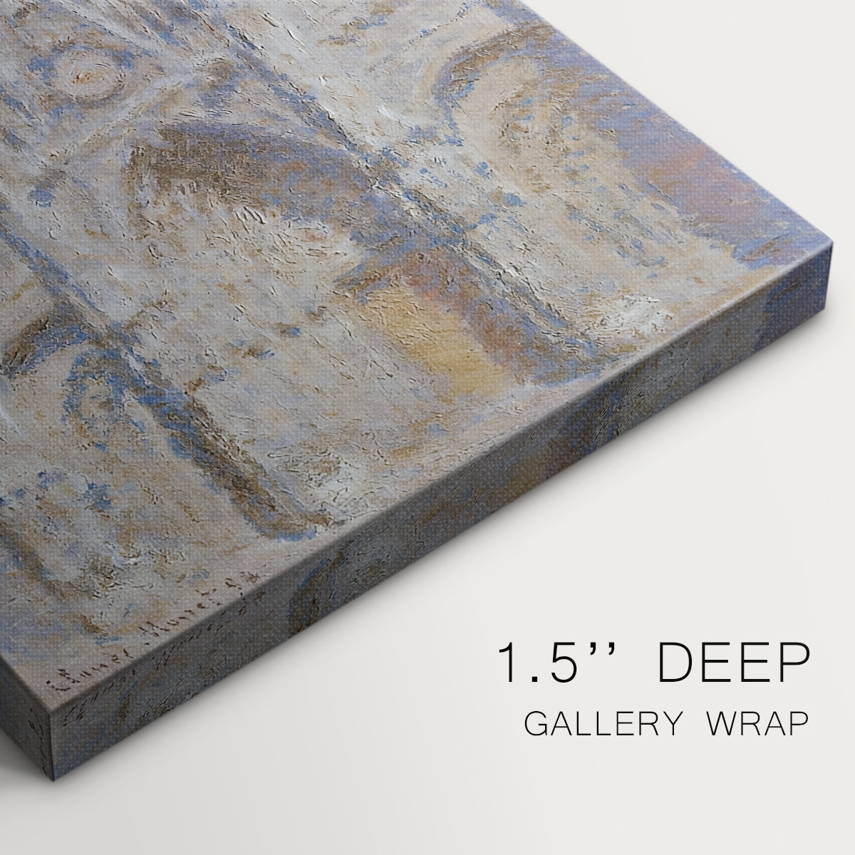 Close-up of a gallery-wrapped canvas corner showing a luminous building surface with subtle tonal changes, highlighting texture and print detail.