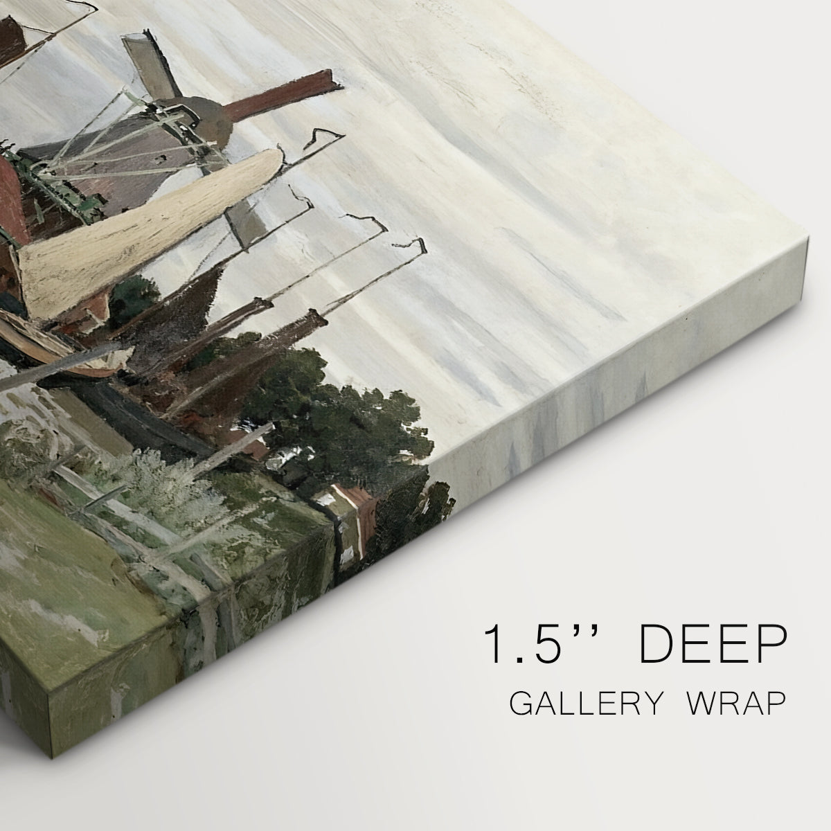 Canvas art print of a single windmill beside water with surrounding buildings and sky, highlighting texture and gallery-wrapped edges